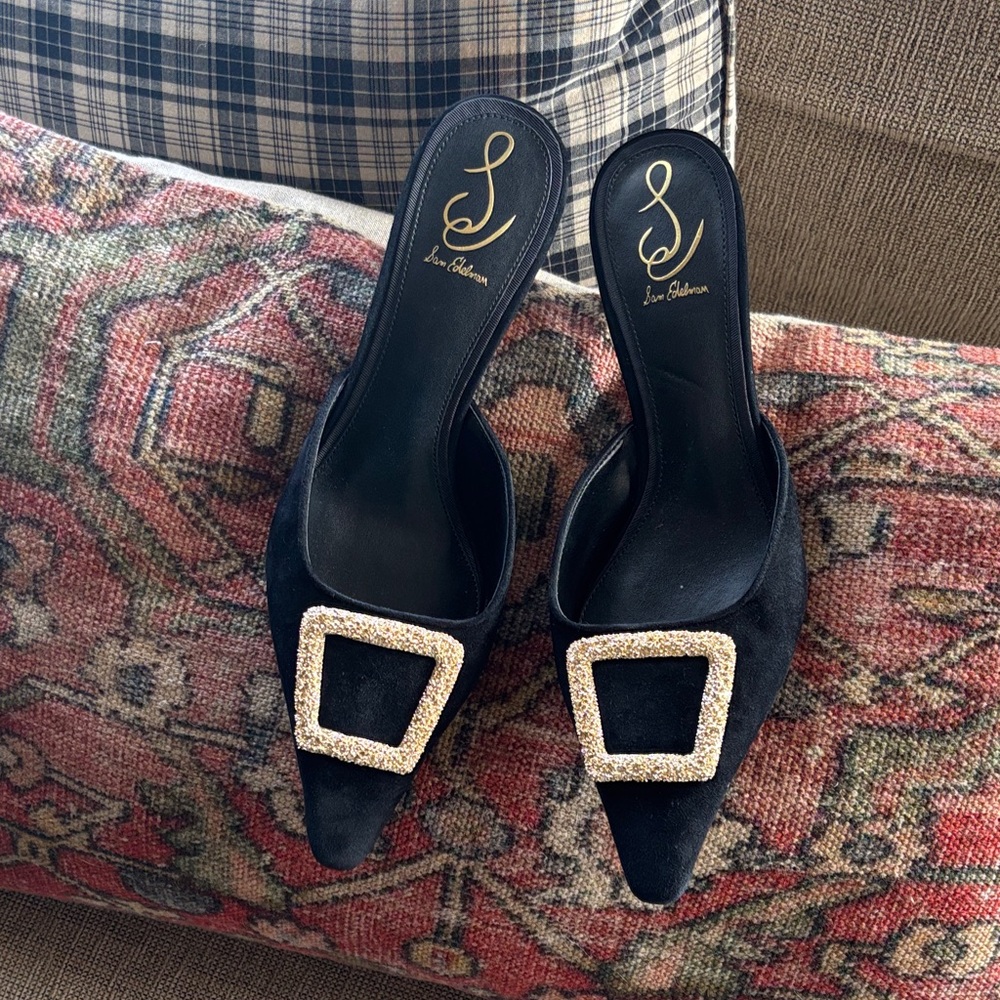 Sam Edelman Brit Black Mules with Gold Buckle - 10